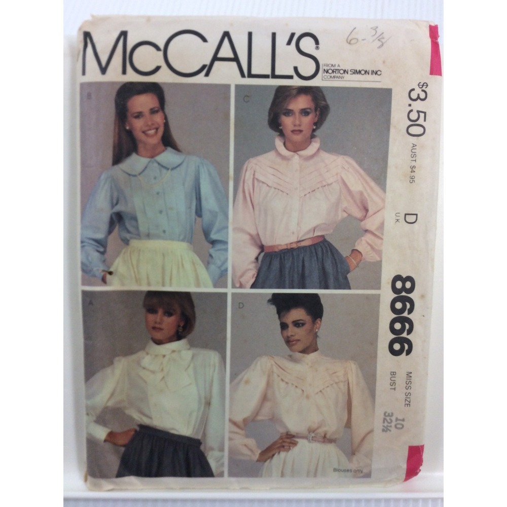 1983 McCalls 8666 VTG Sewing Pattern Old Fashioned Blouses Size 10